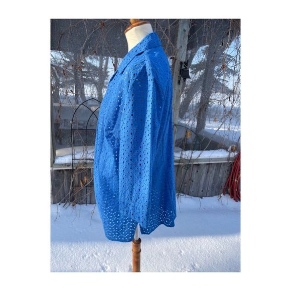 Vintage 90s Alia Blazer Shacket Blue Eyelet Lace Sheer 3/4 Sleeve Sz 16 - Picture 7 of 9